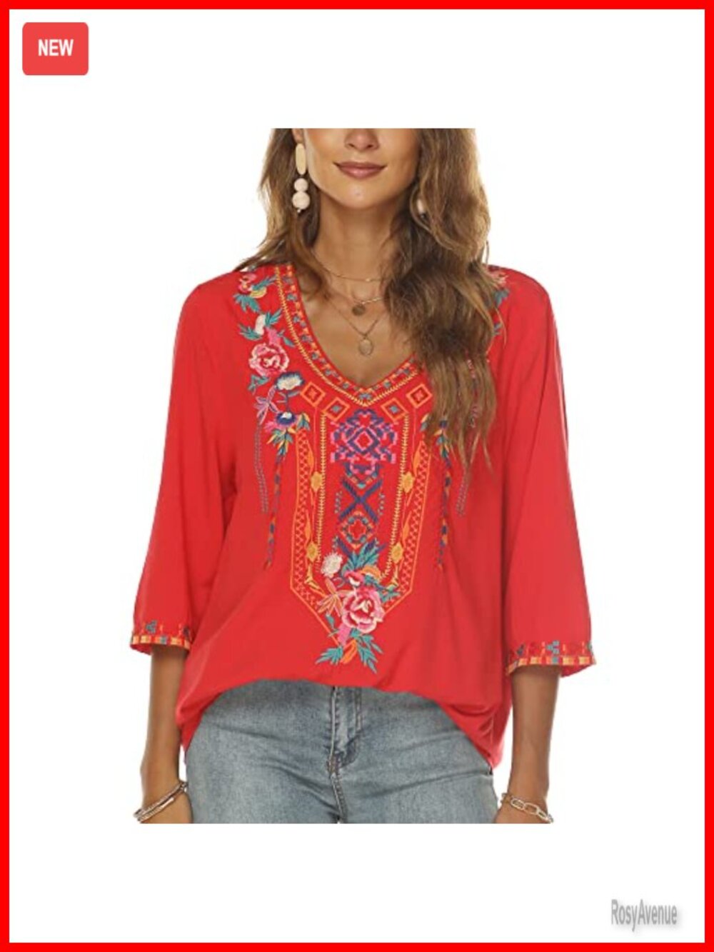 Embroidered Boho Peasant Tunic Top 3/4 Sleeve V-Neck Loose Fit